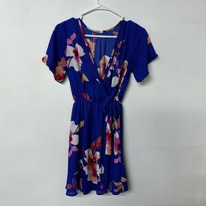 Dark blue flowy dress with pink floral print. Sienna Sky. Size small.